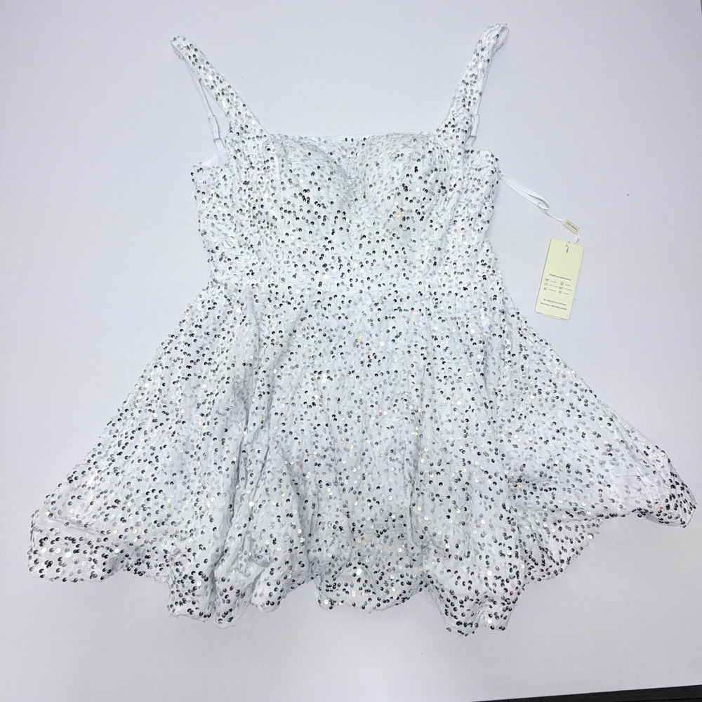 Make You Pretty More White Sequin Mini Dress Back Bow Lace Up Party Bridal Sz S
